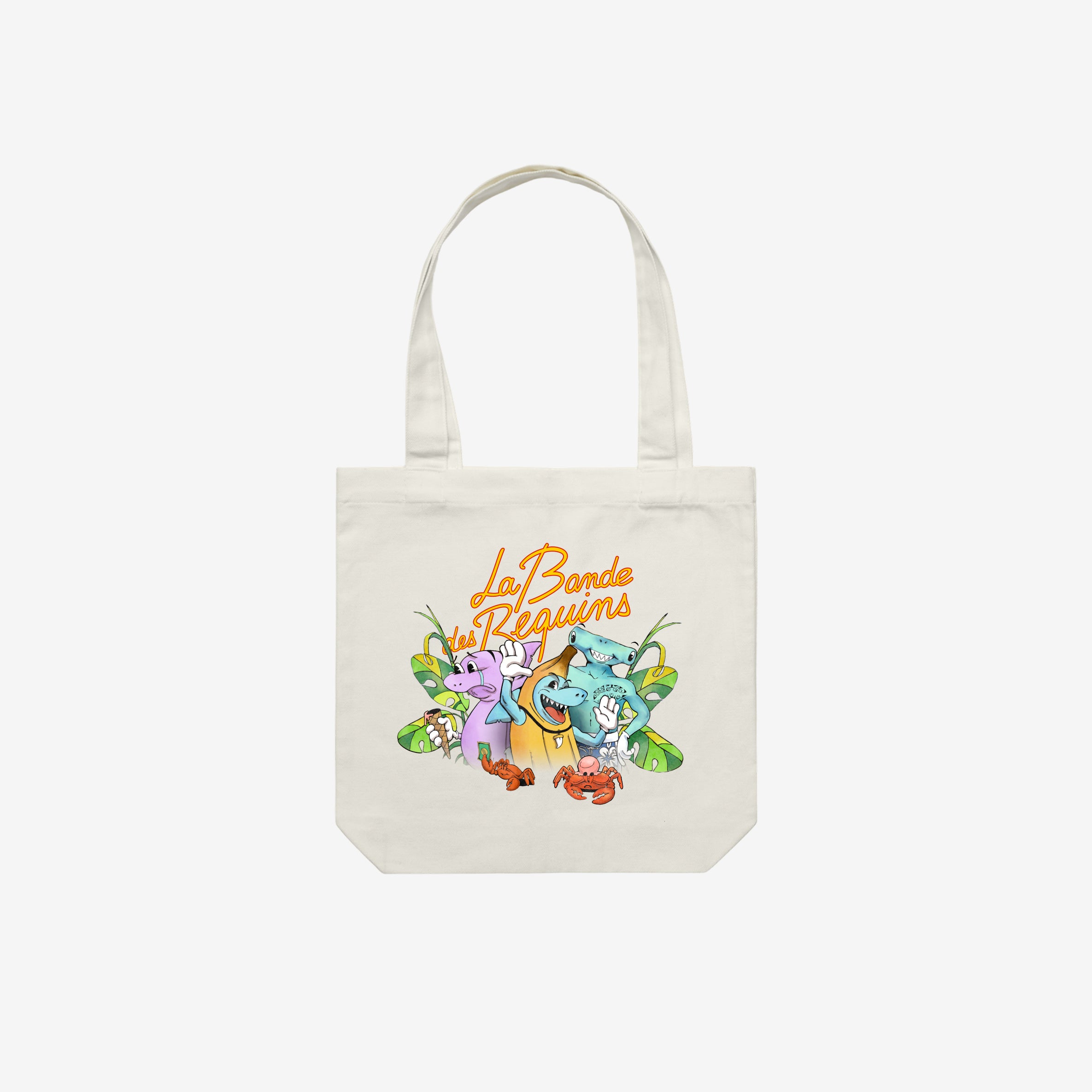 New collection écru cotton tote bag — La Bande des Requins shark crew and marine friends, illustrated by Inès Colin