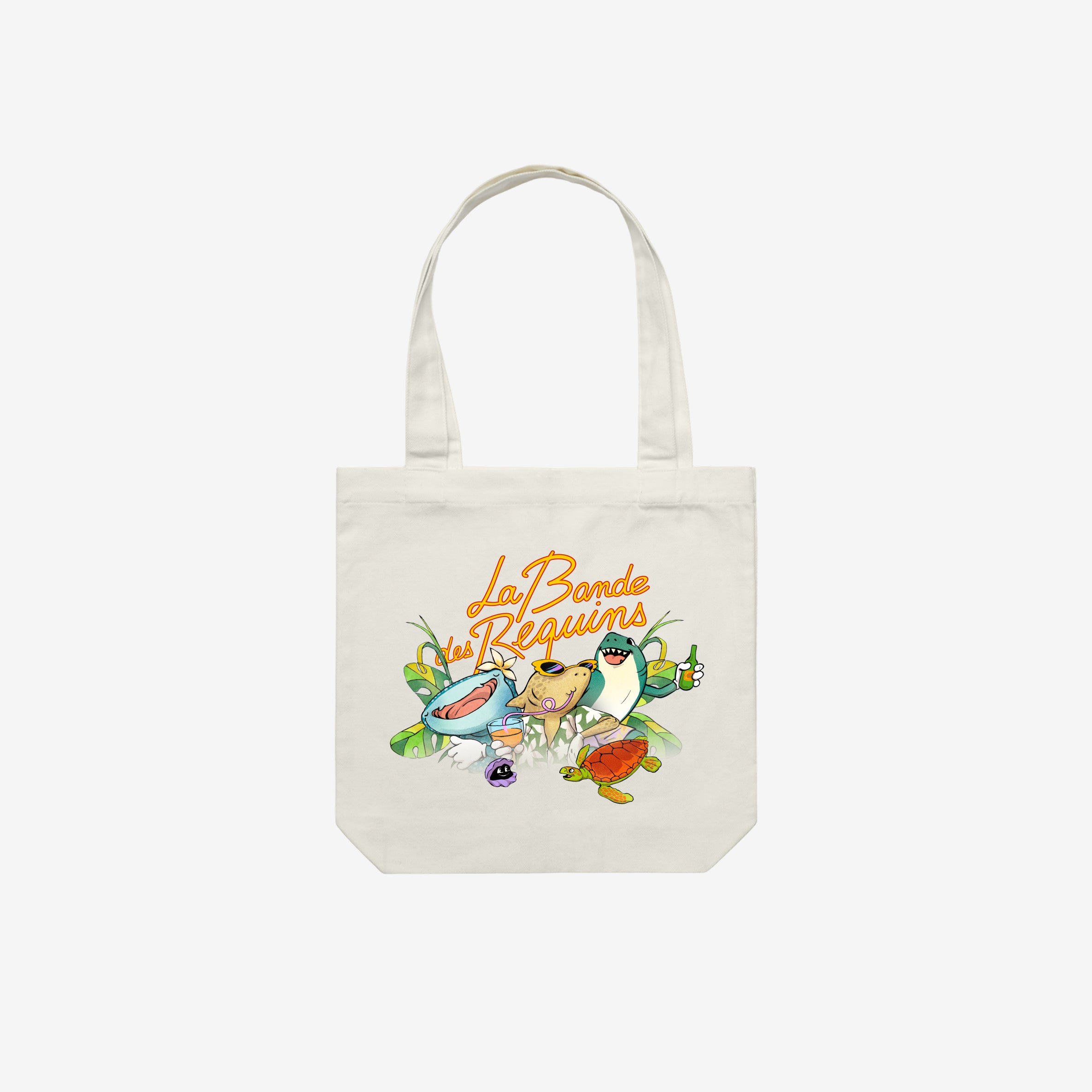 First collection écru cotton tote bag — La Bande des Requins original shark crew and crabs, illustrated by Inès Colin